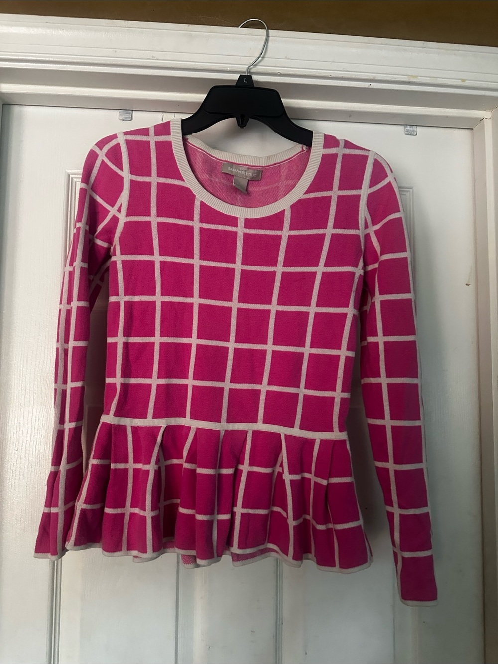 Banana Republic Hot Pink Windowpane Peplum Sweater